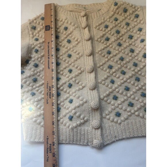 Vintage 40s 50s Wool Popcorn Knit Cardigan Sweater Cropped S Blue Floral Buttons - Picture 12 of 16